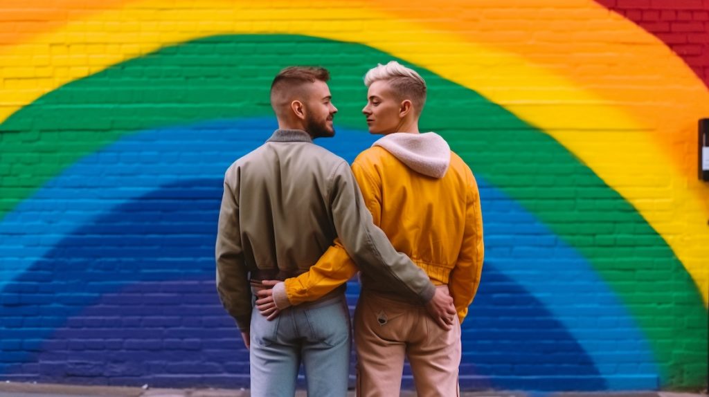 Gay couple in front of rainbow